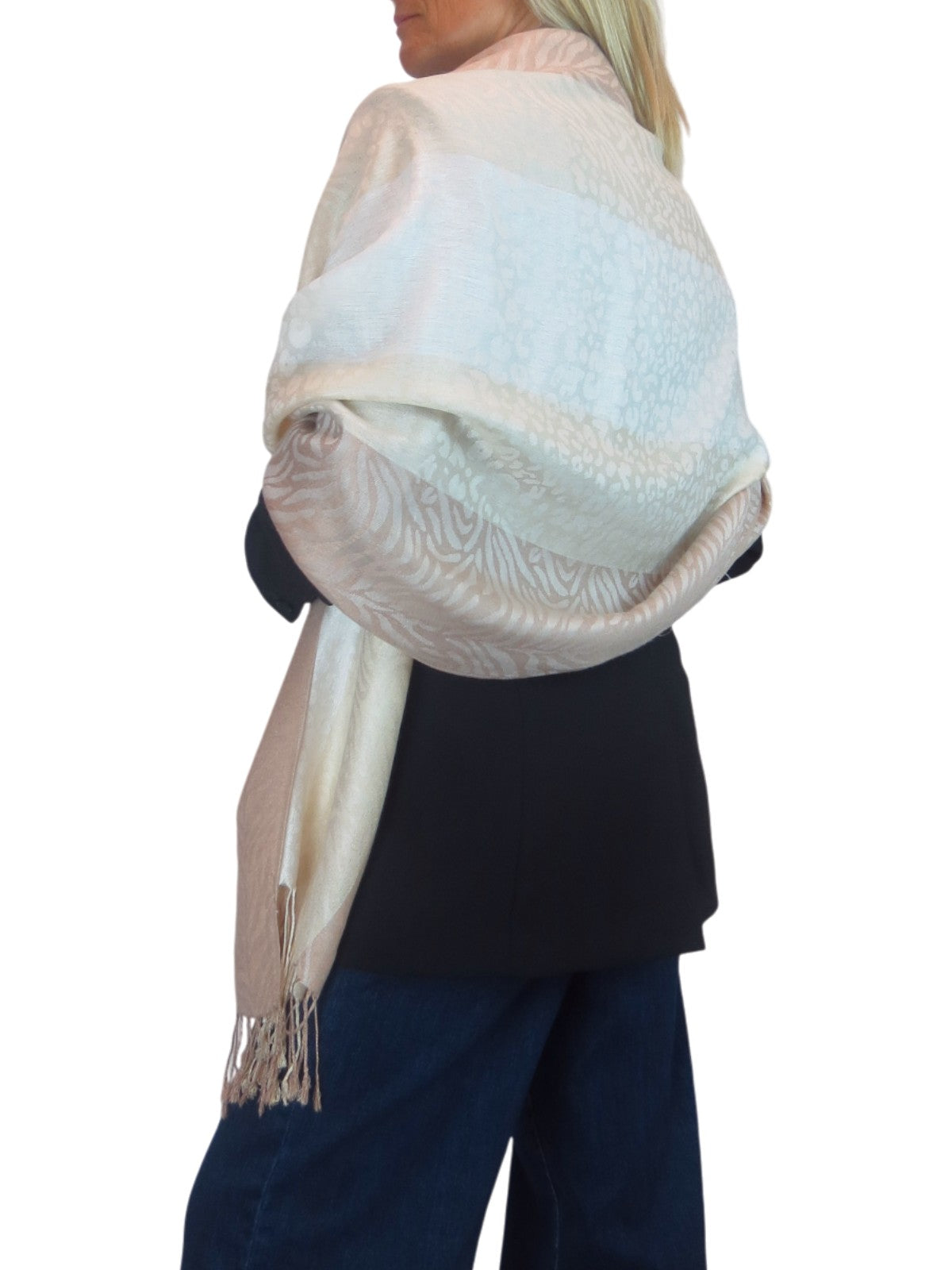 Block Stripe Animal Print Scarf Beige