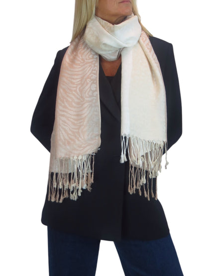 Block Stripe Animal Print Scarf Beige