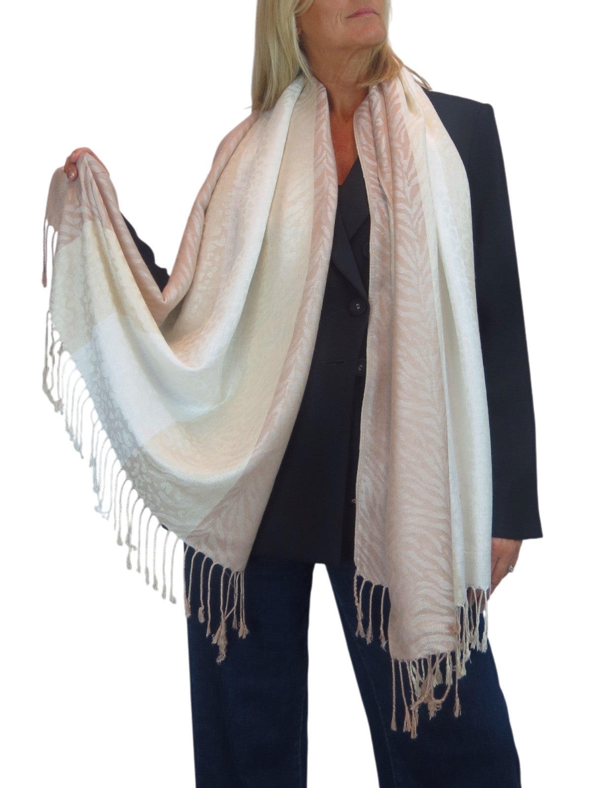 Block Stripe Animal Print Scarf Beige