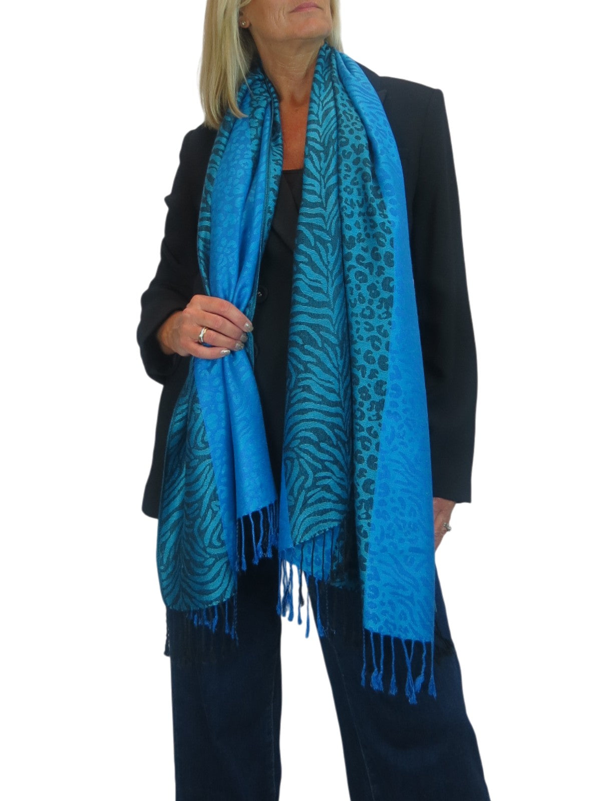 Block Stripe Animal Print Scarf Turquoise