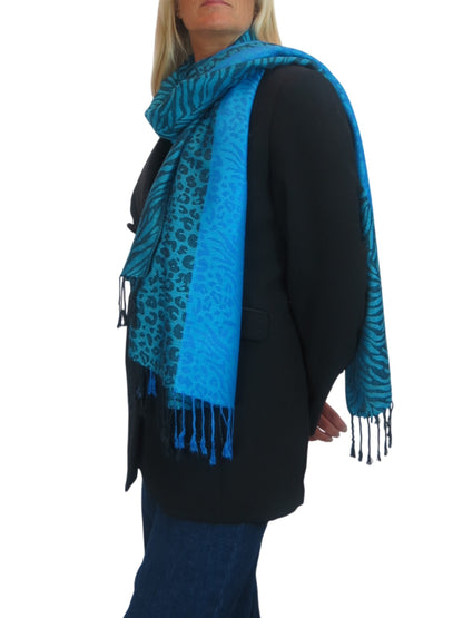 Block Stripe Animal Print Scarf Turquoise