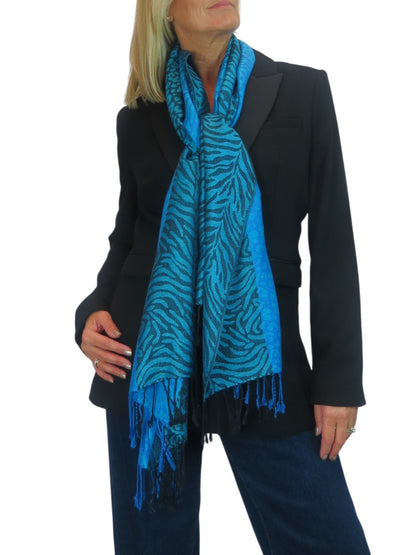 Block Stripe Animal Print Scarf Turquoise