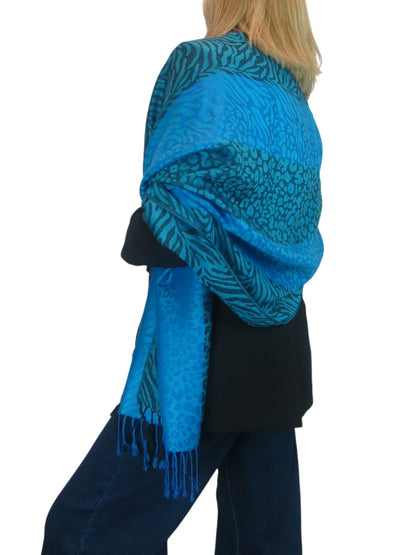 Block Stripe Animal Print Scarf Turquoise