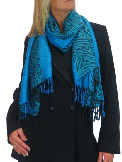 Block Stripe Animal Print Scarf Turquoise