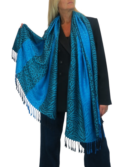 Block Stripe Animal Print Scarf Turquoise