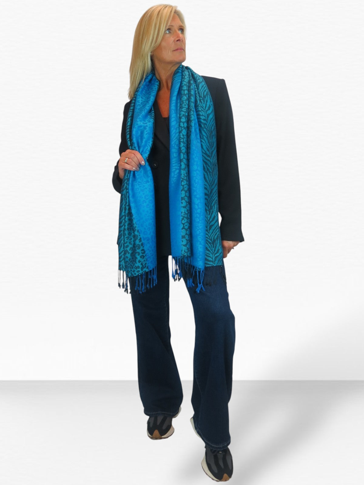 Block Stripe Animal Print Scarf Turquoise