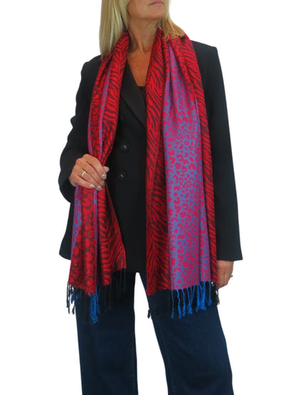 Block Stripe Animal Print Scarf Red
