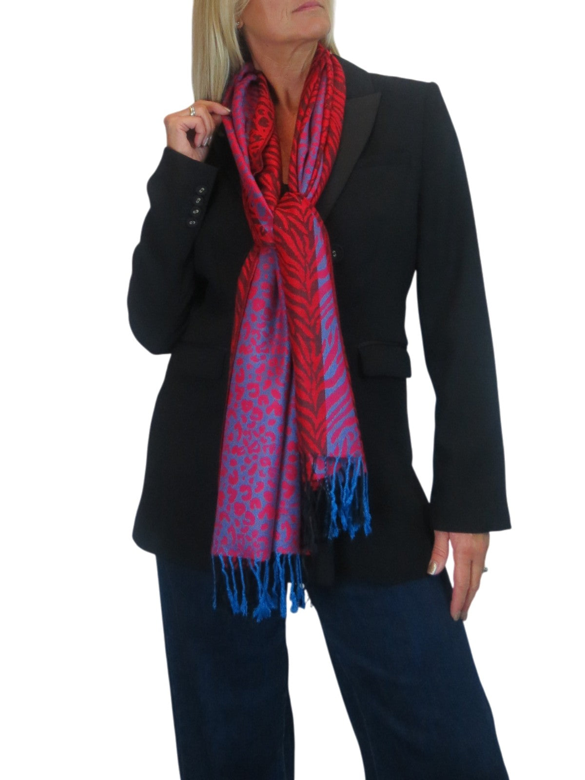 Block Stripe Animal Print Scarf Red