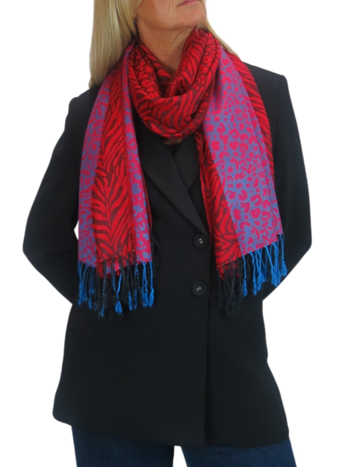 Block Stripe Animal Print Scarf Red