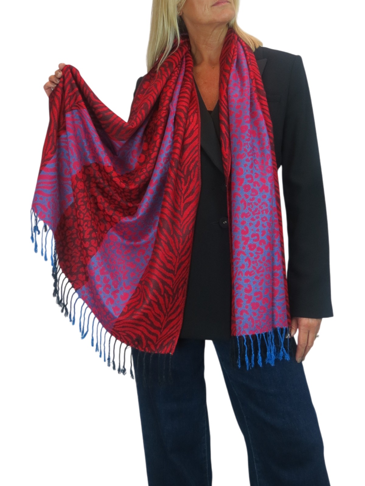 Block Stripe Animal Print Scarf Red