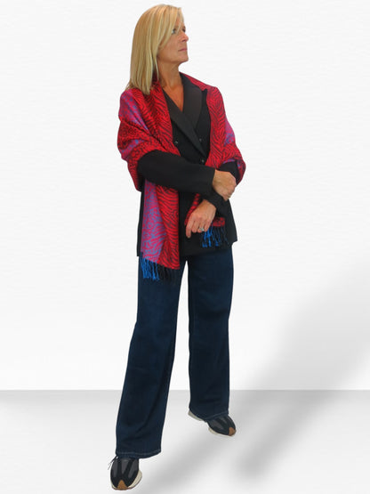 Block Stripe Animal Print Scarf Red