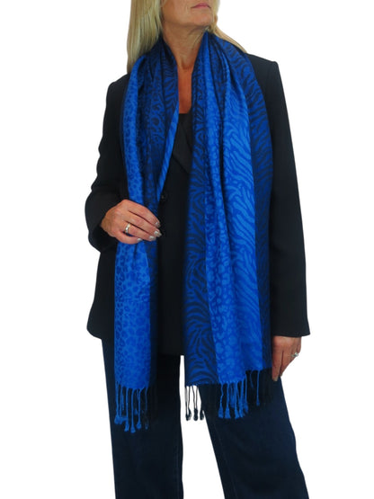 Block Stripe Animal Print Scarf Royal Blue