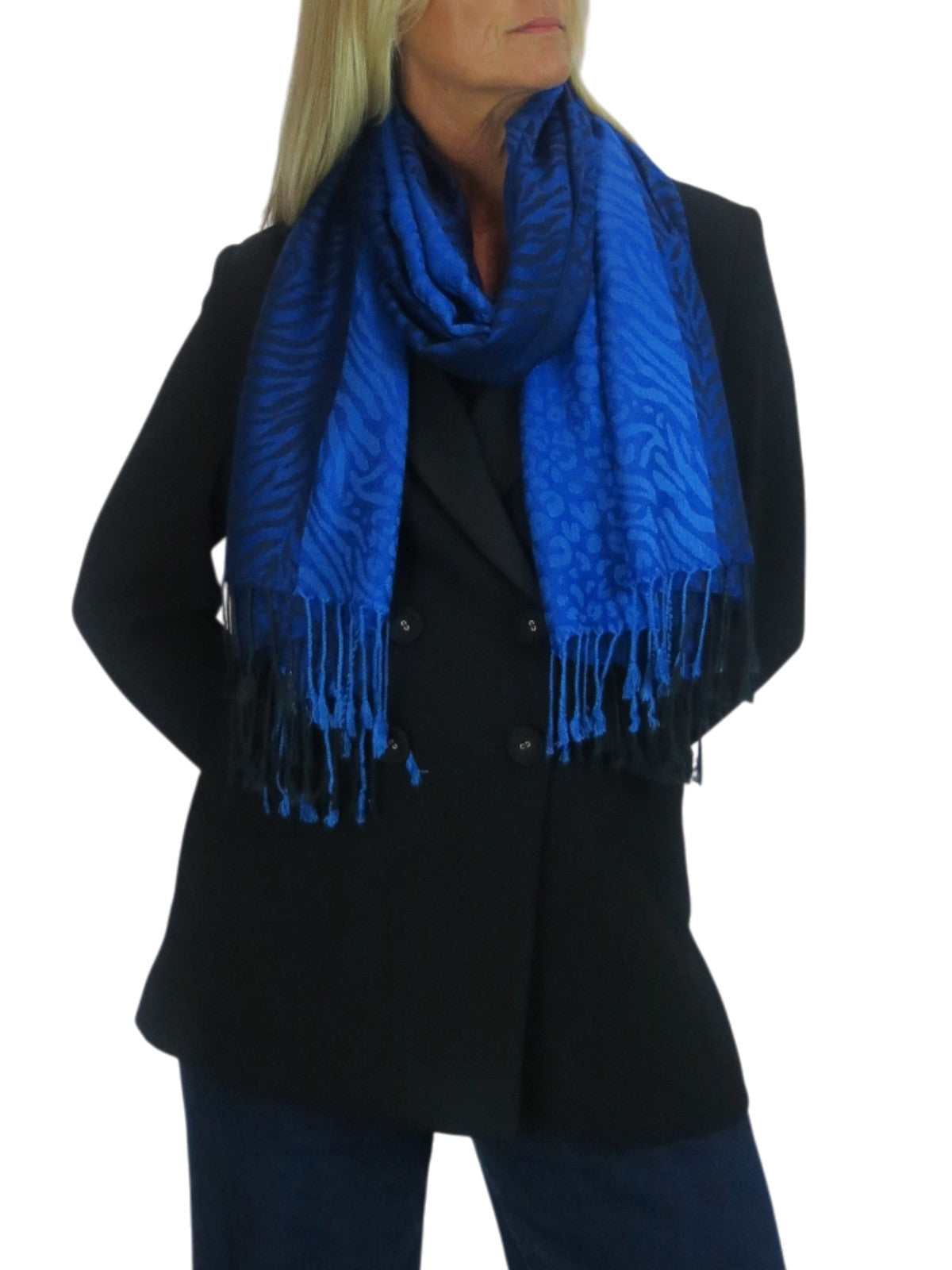 Block Stripe Animal Print Scarf Royal Blue