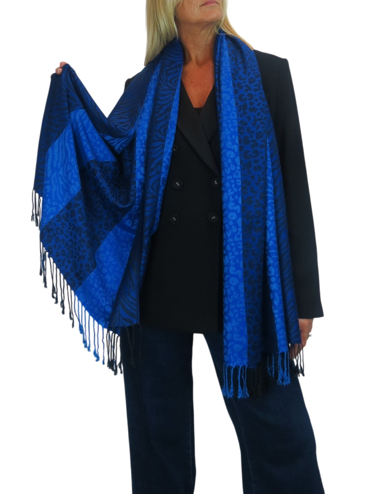 Block Stripe Animal Print Scarf Royal Blue