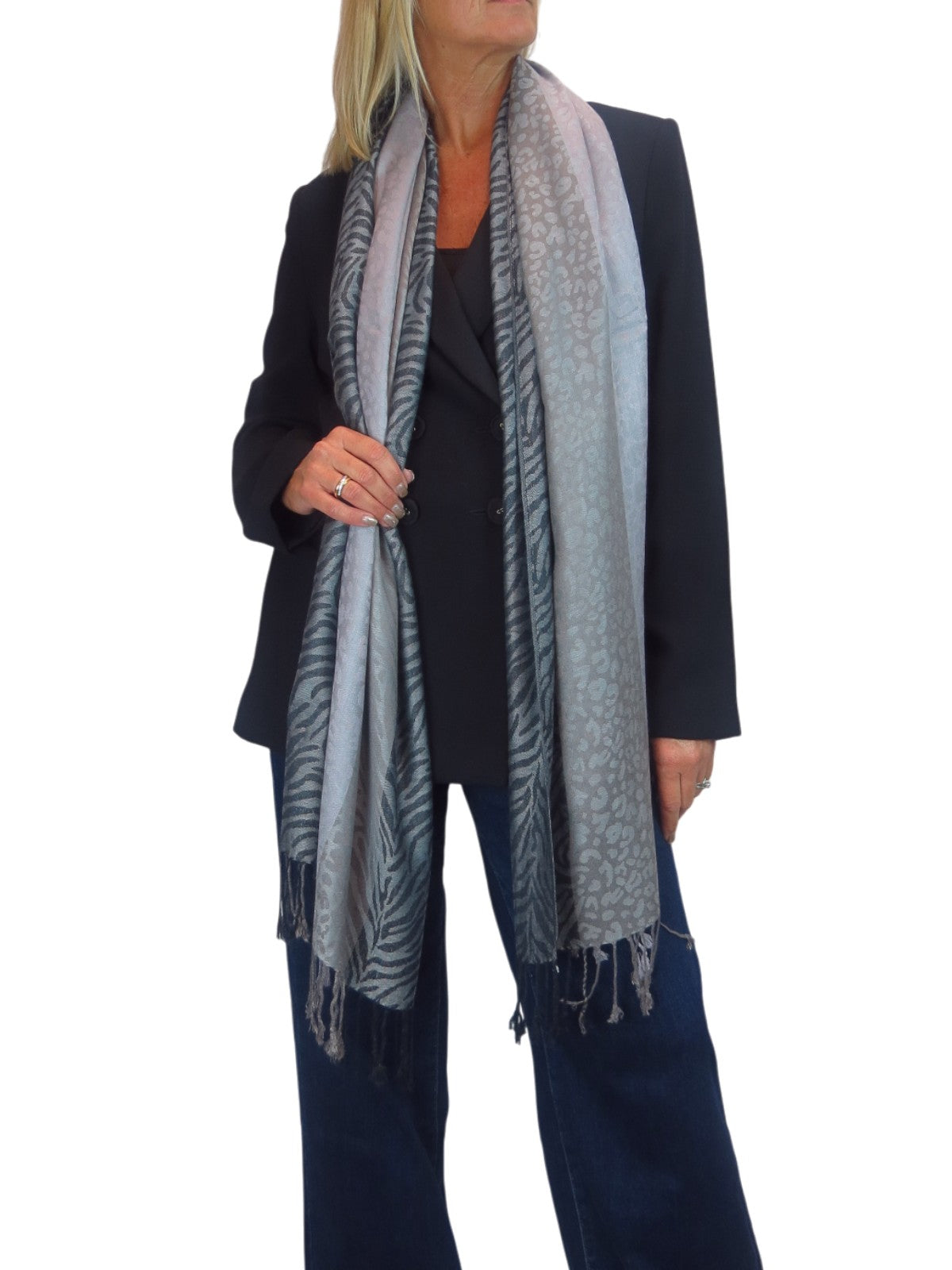 Block Stripe Animal Print Scarf Grey