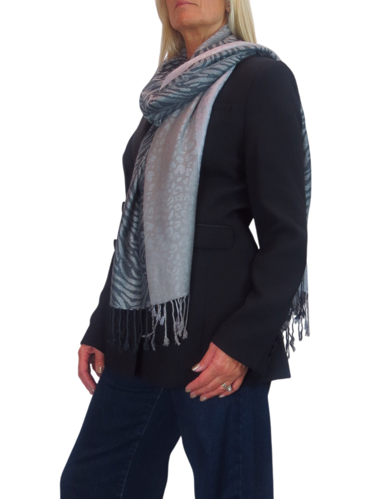 Block Stripe Animal Print Scarf Grey