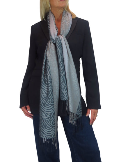 Block Stripe Animal Print Scarf Grey