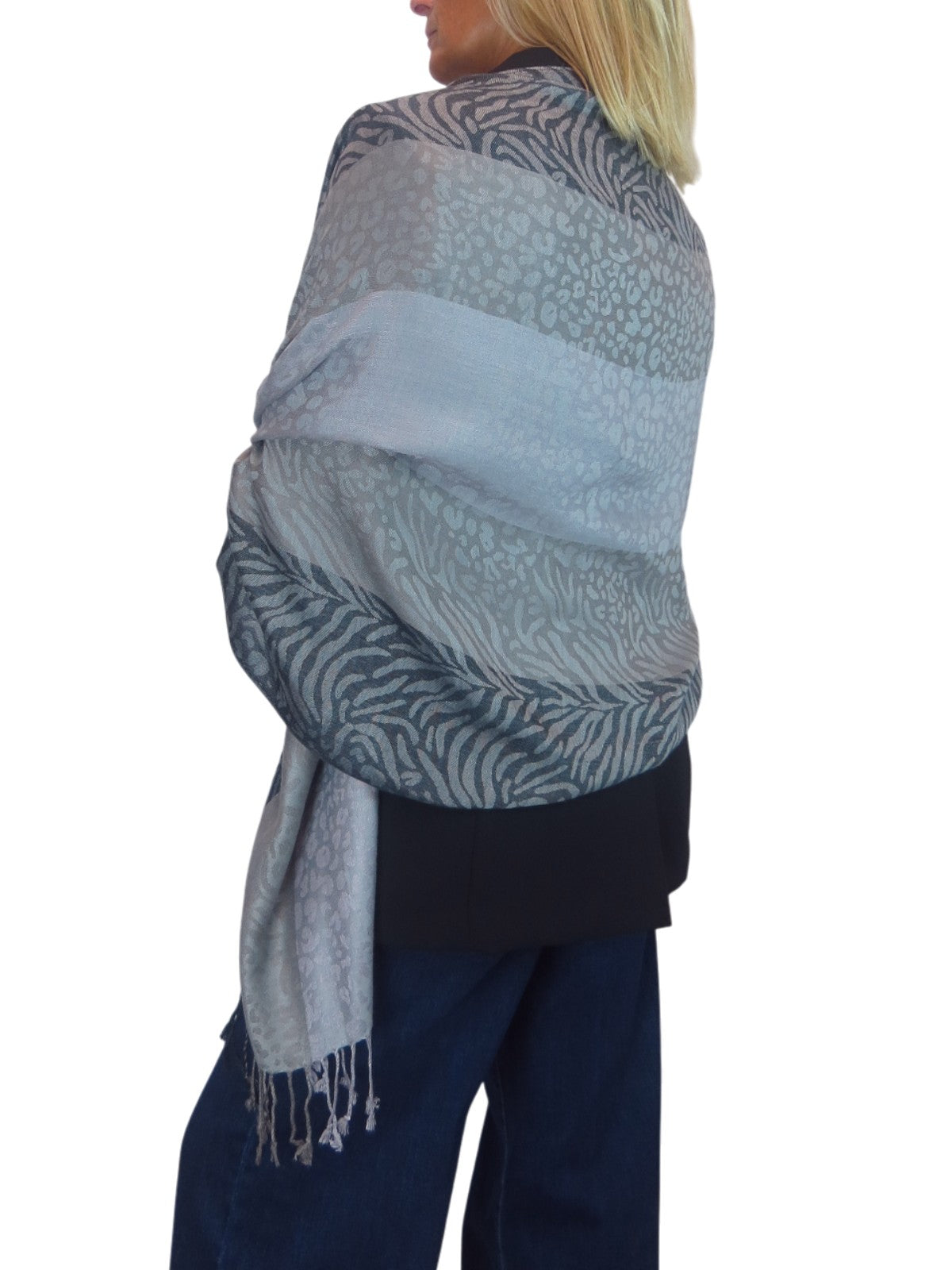 Block Stripe Animal Print Scarf Grey