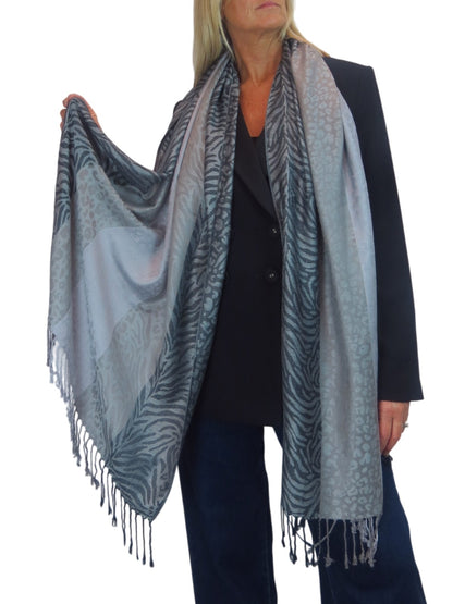 Block Stripe Animal Print Scarf Grey