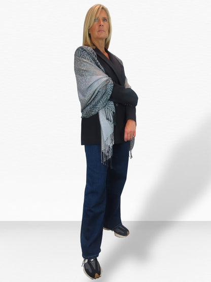 Block Stripe Animal Print Scarf Grey