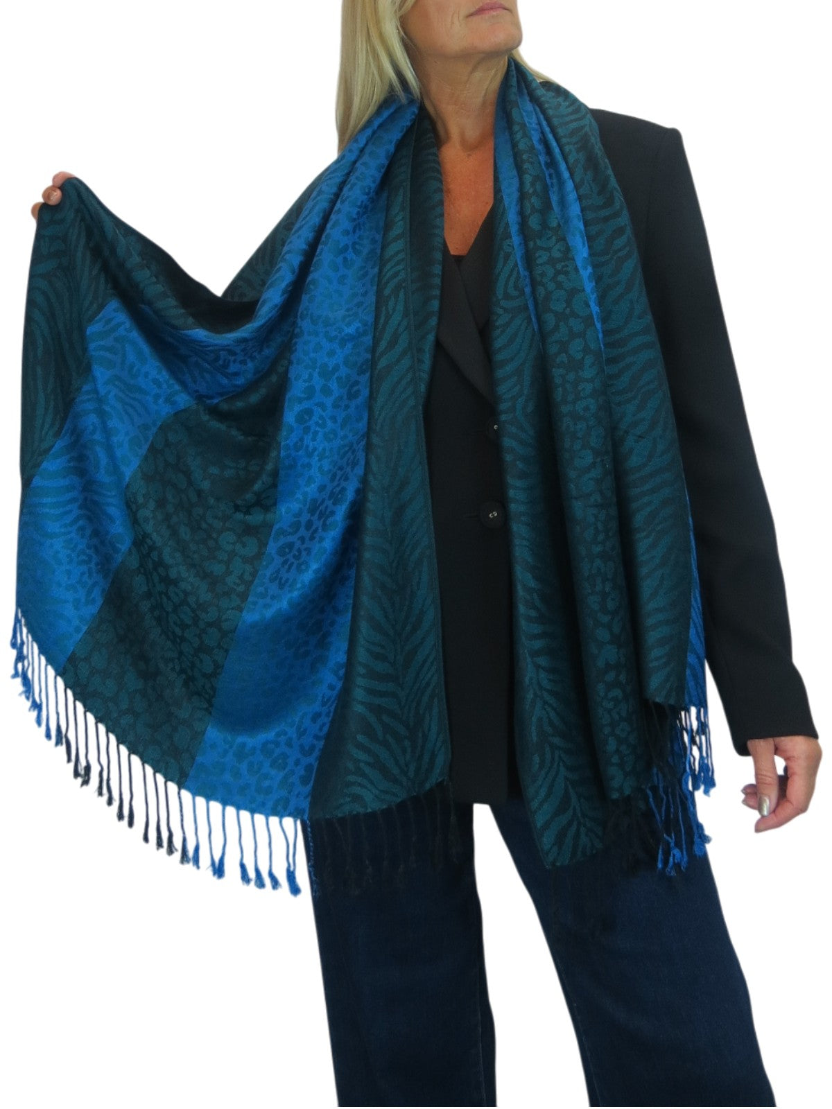 Block Stripe Animal Print Scarf Bottle Green