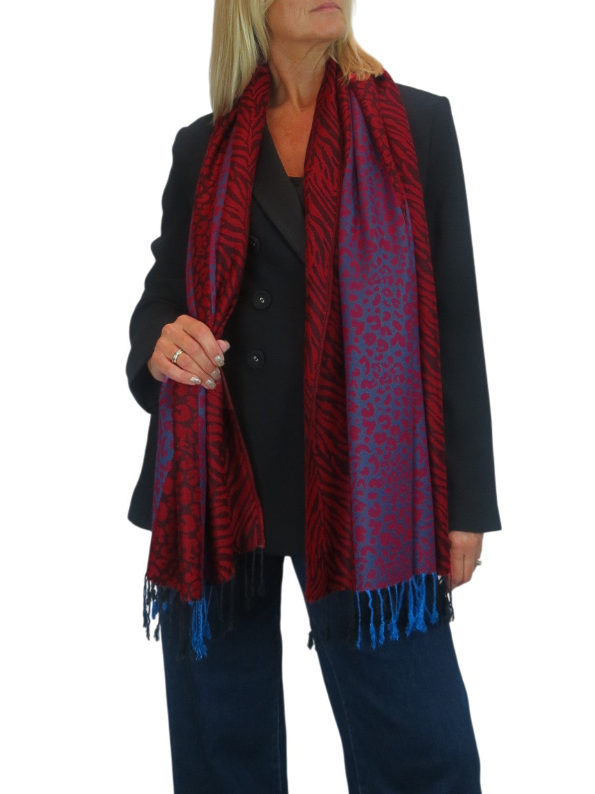 Block Stripe Animal Print Scarf Bordeaux