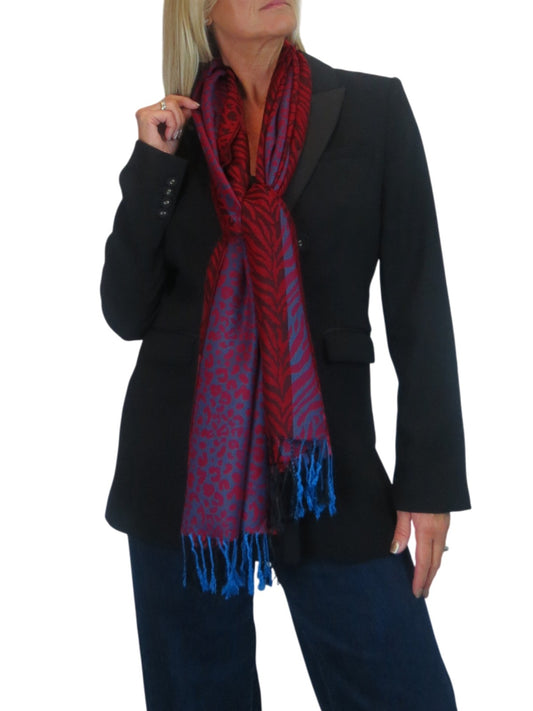 Block Stripe Animal Print Scarf Bordeaux