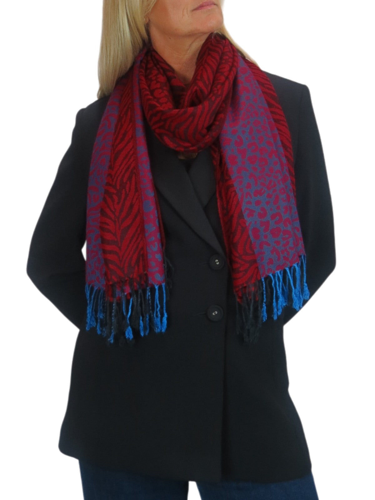 Block Stripe Animal Print Scarf Bordeaux