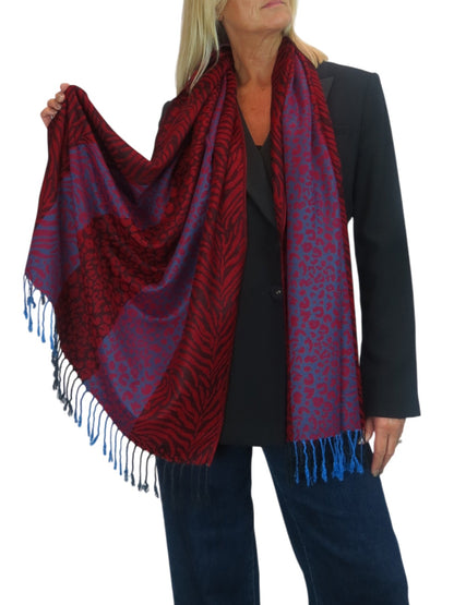 Block Stripe Animal Print Scarf Bordeaux