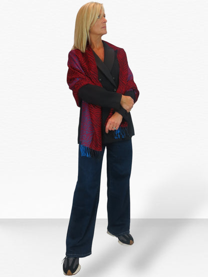 Block Stripe Animal Print Scarf Bordeaux