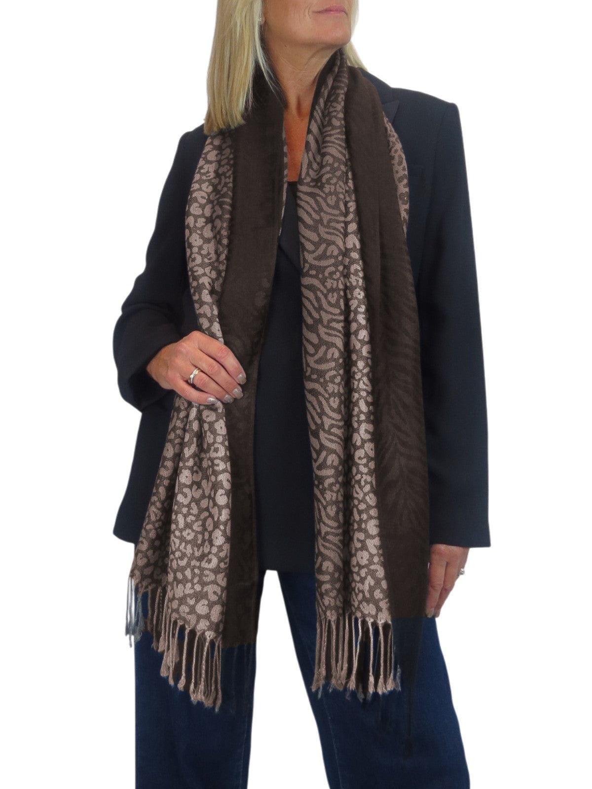 Block Stripe Animal Print Scarf Brown