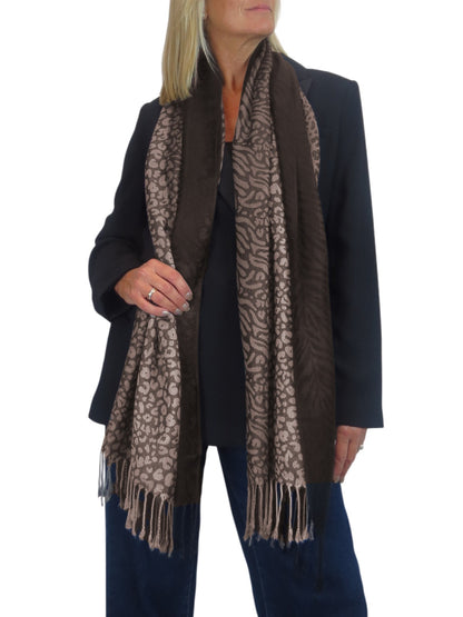 Block Stripe Animal Print Scarf Brown