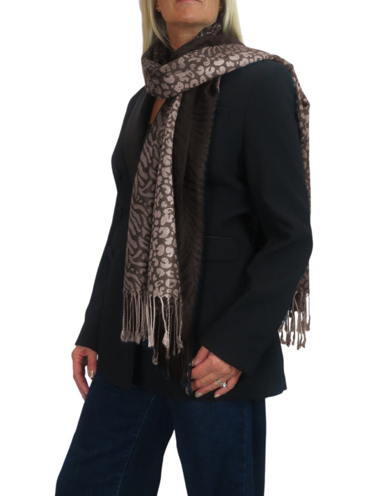 Block Stripe Animal Print Scarf Brown