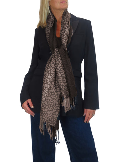 Block Stripe Animal Print Scarf Brown