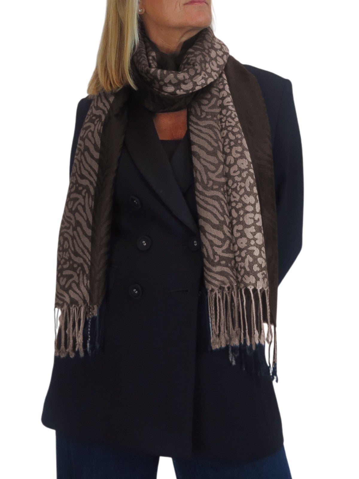 Block Stripe Animal Print Scarf Brown