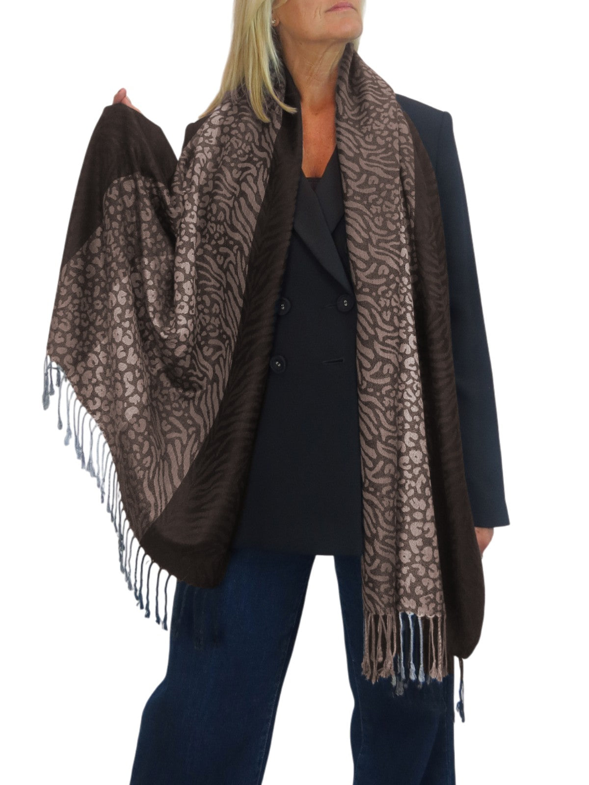 Block Stripe Animal Print Scarf Brown