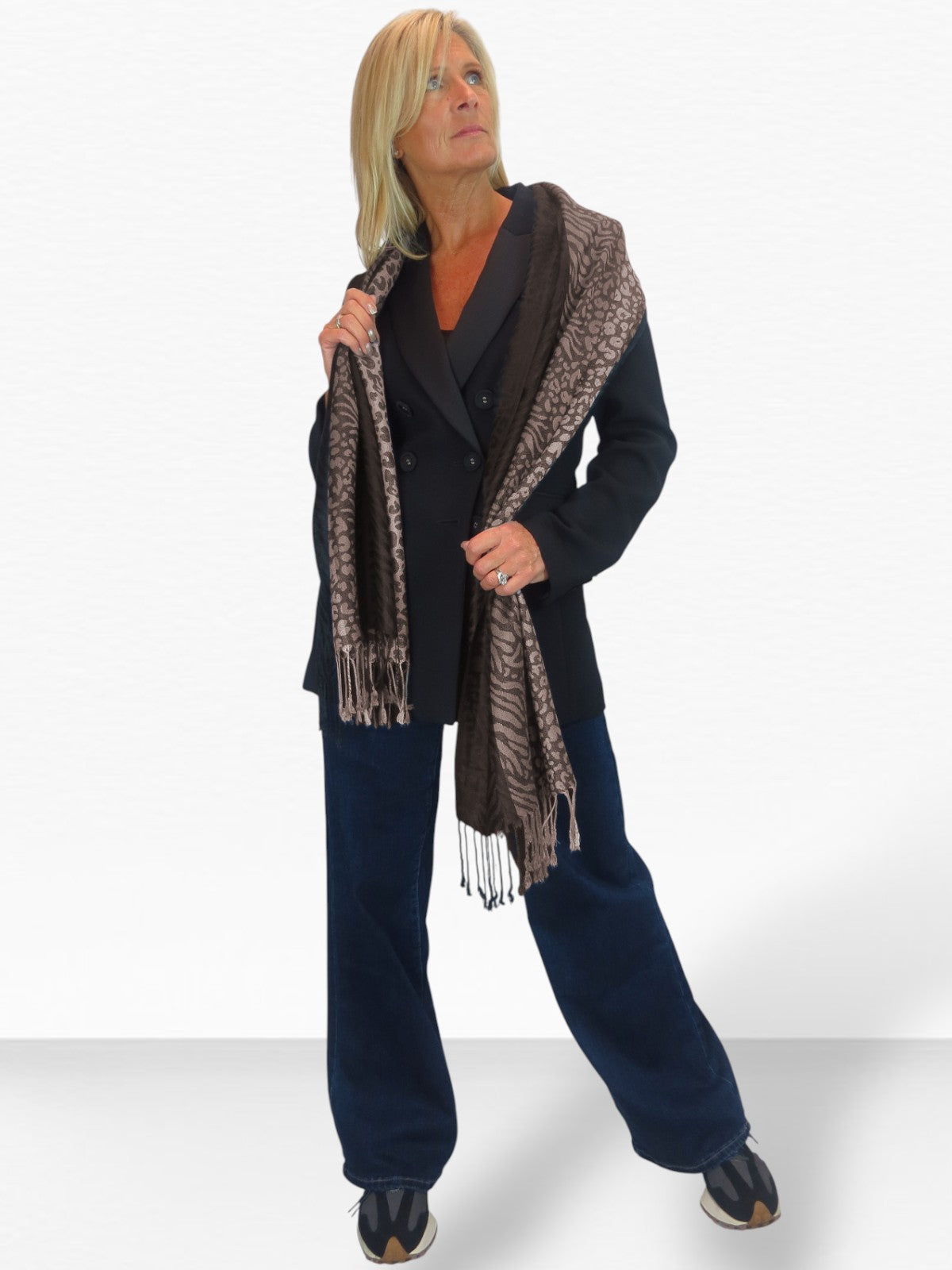 Block Stripe Animal Print Scarf Brown