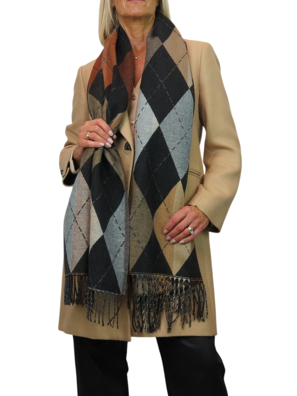Wool Blend Argyle Pashmina Shawl Oversized Scarf Black