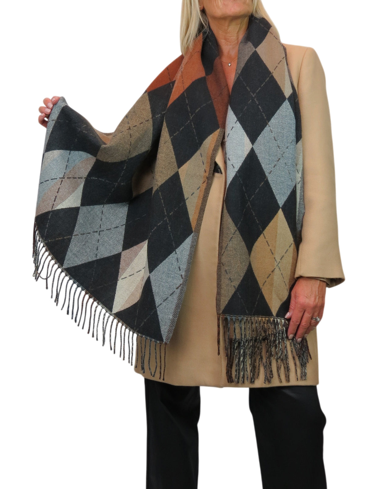 Wool Blend Argyle Pashmina Shawl Oversized Scarf Black