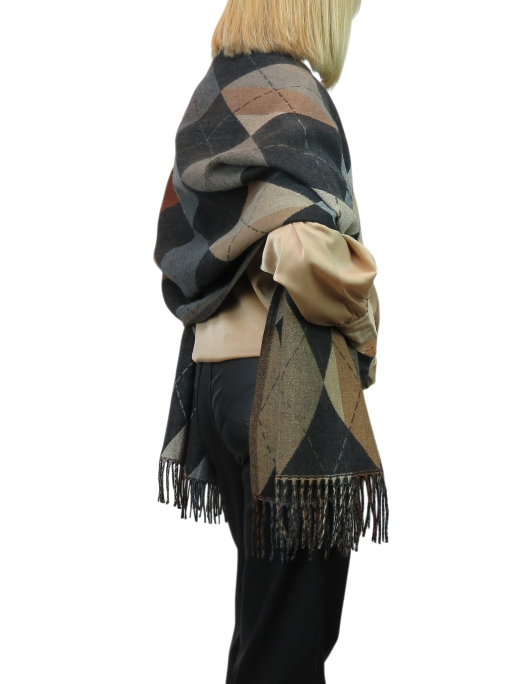 Wool Blend Argyle Pashmina Shawl Oversized Scarf Black
