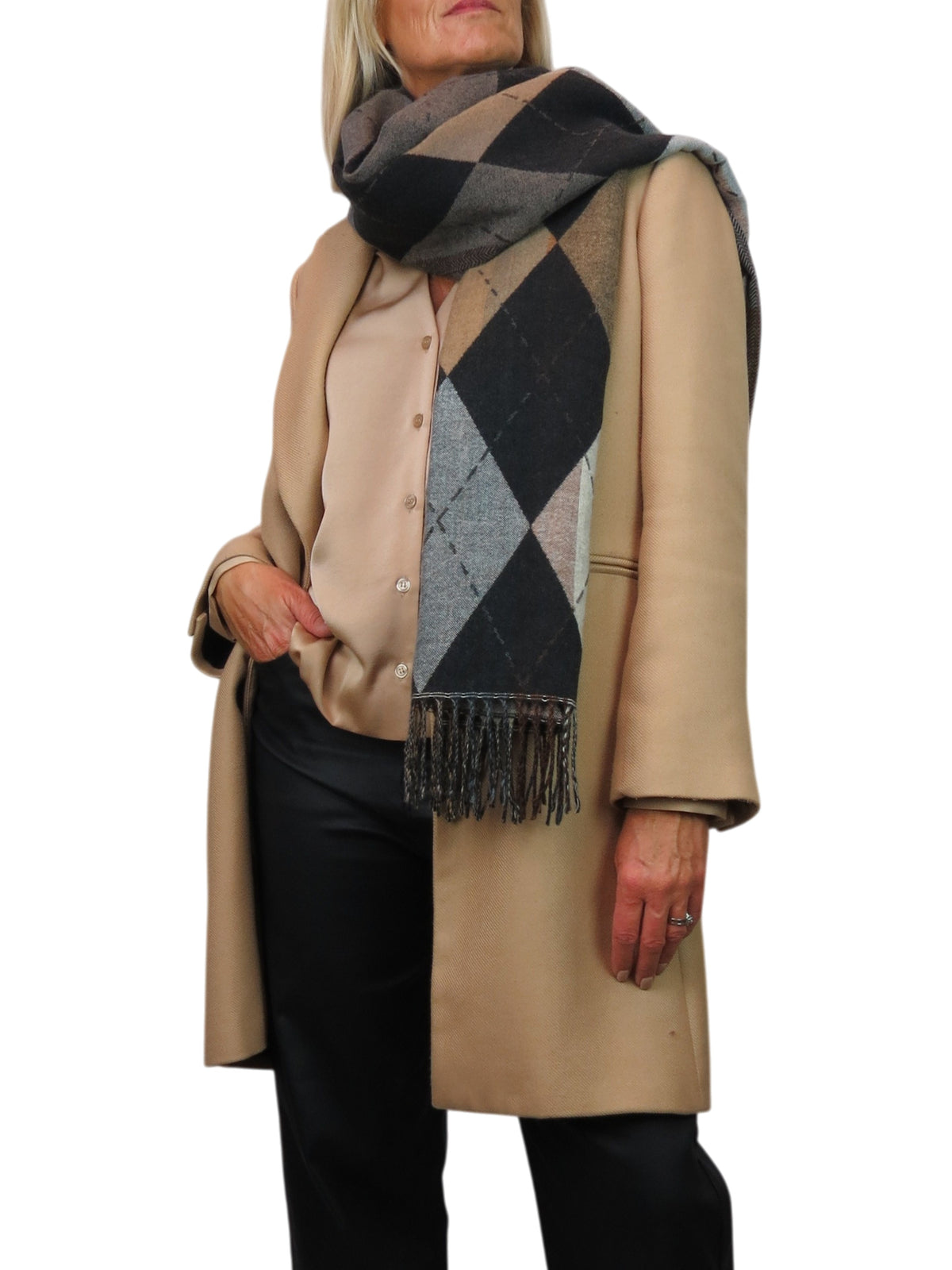 Wool Blend Argyle Pashmina Shawl Oversized Scarf Black