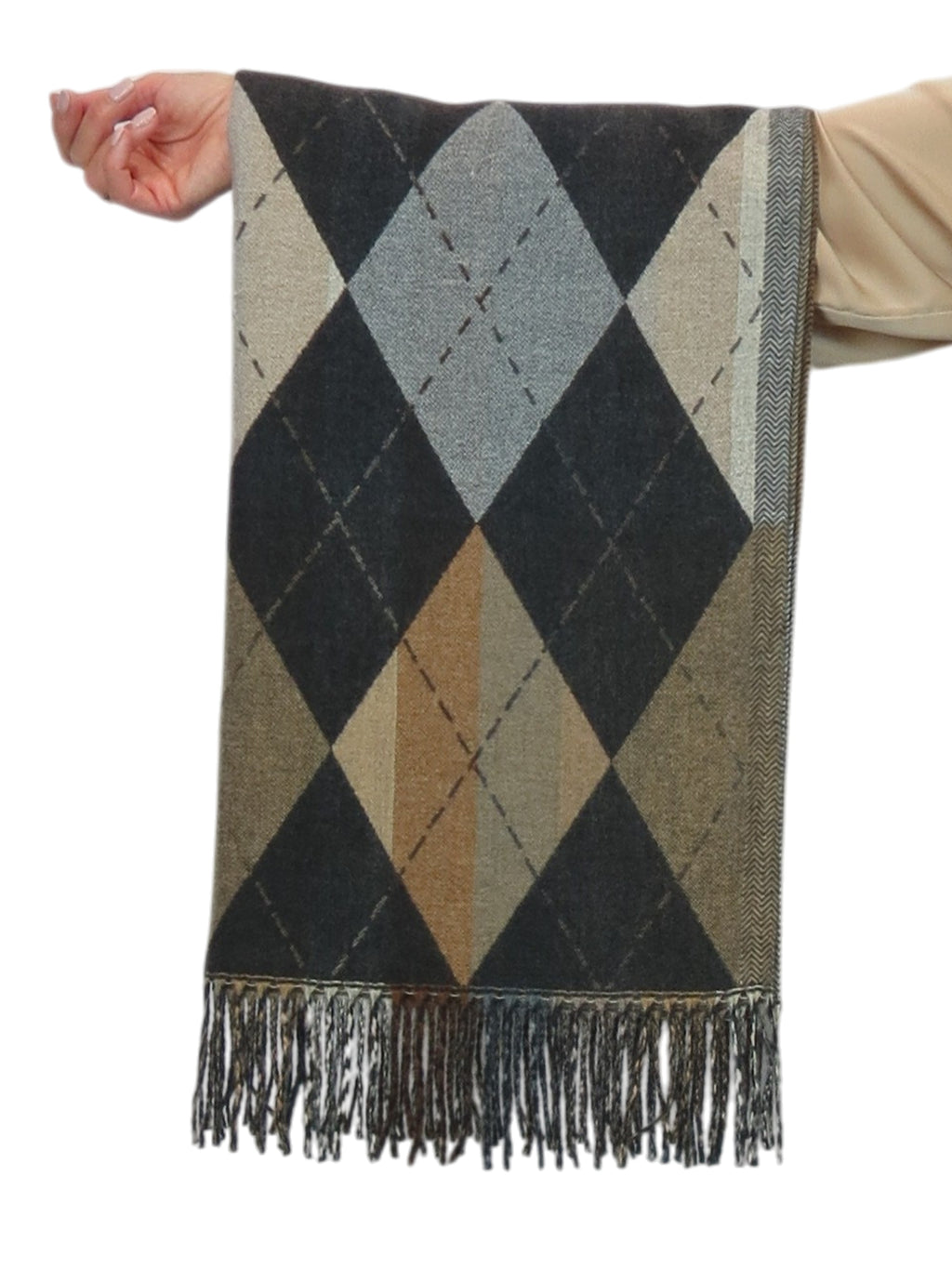 Wool Blend Argyle Pashmina Shawl Oversized Scarf Black