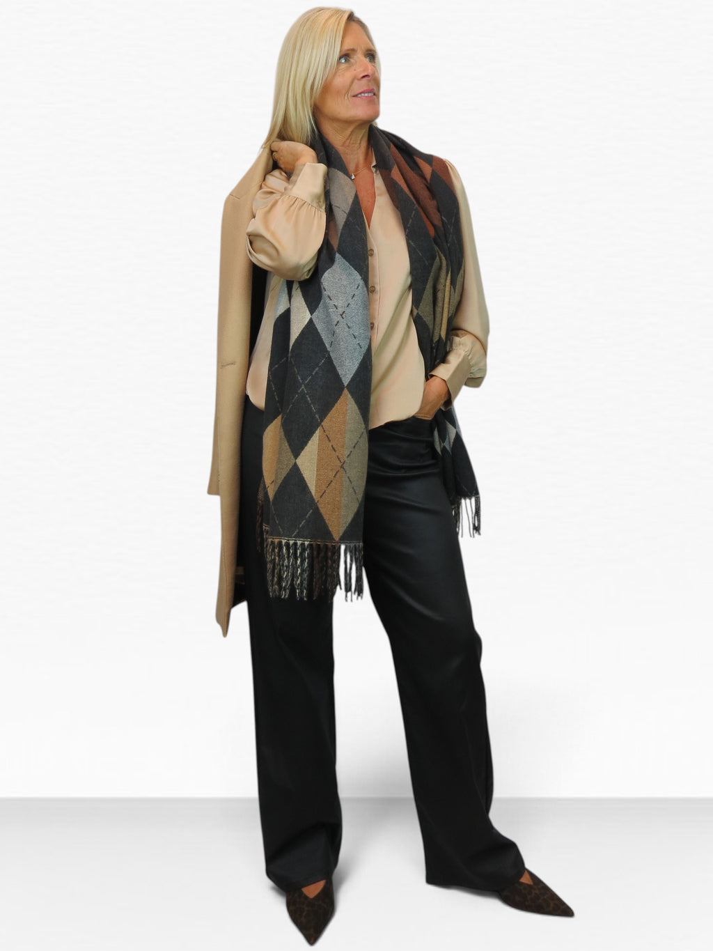 Wool Blend Argyle Pashmina Shawl Oversized Scarf Black
