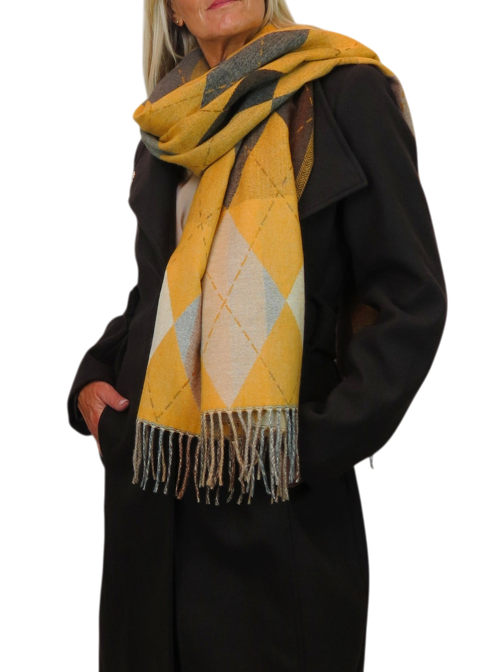 Wool Blend Argyle Pashmina Shawl Oversized Scarf Mustard