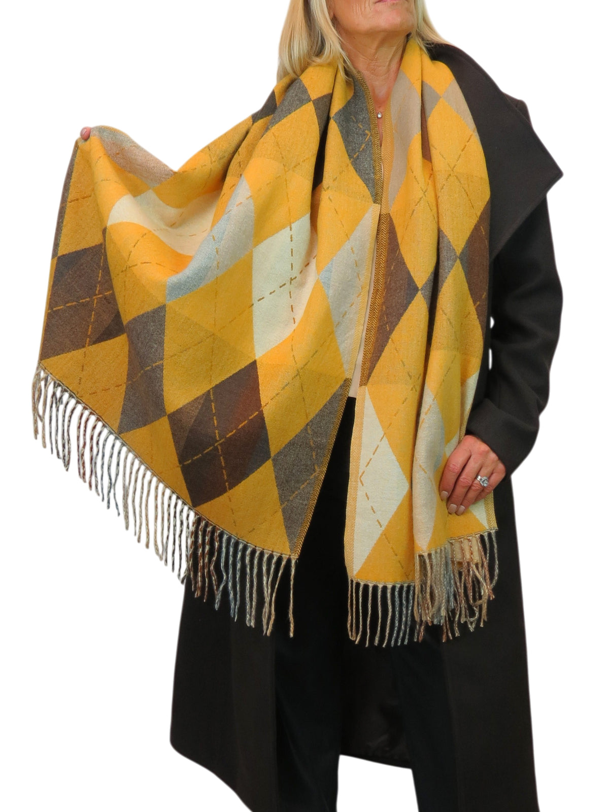 Wool Blend Argyle Pashmina Shawl Oversized Scarf Mustard