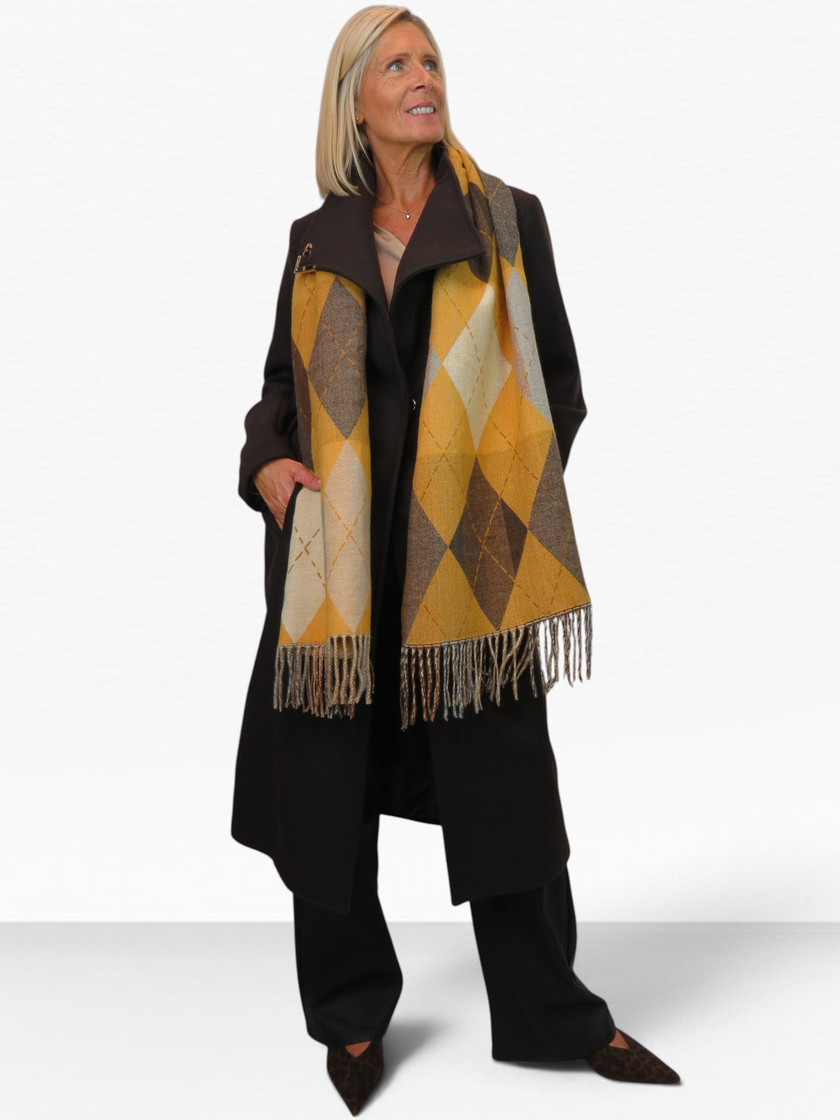 Wool Blend Argyle Pashmina Shawl Oversized Scarf Mustard