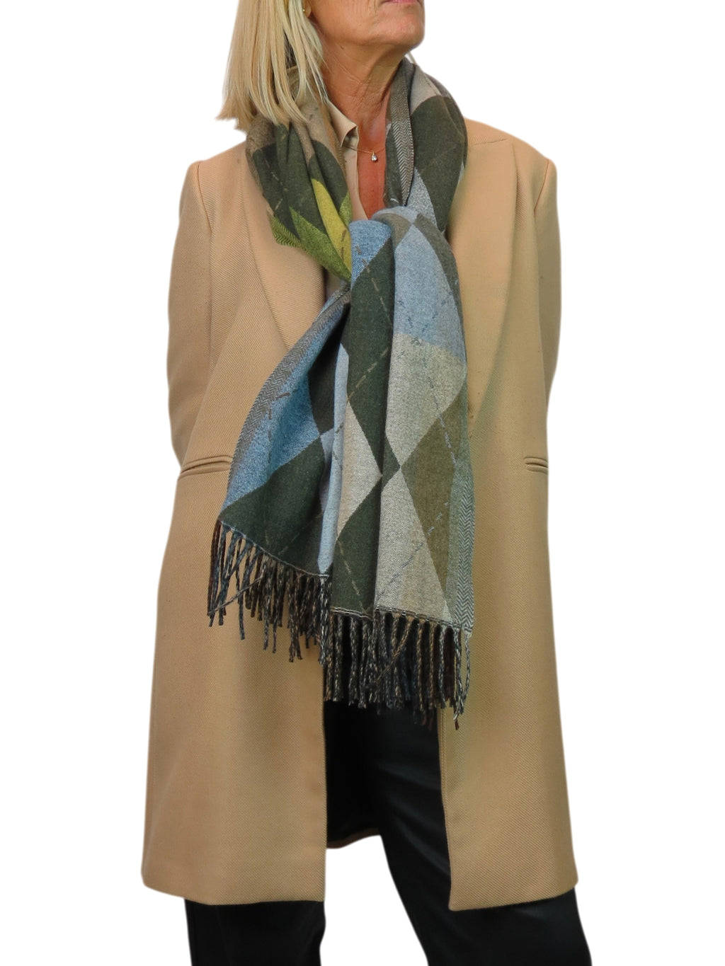 Wool Blend Argyle Pashmina Shawl Oversized Scarf Green