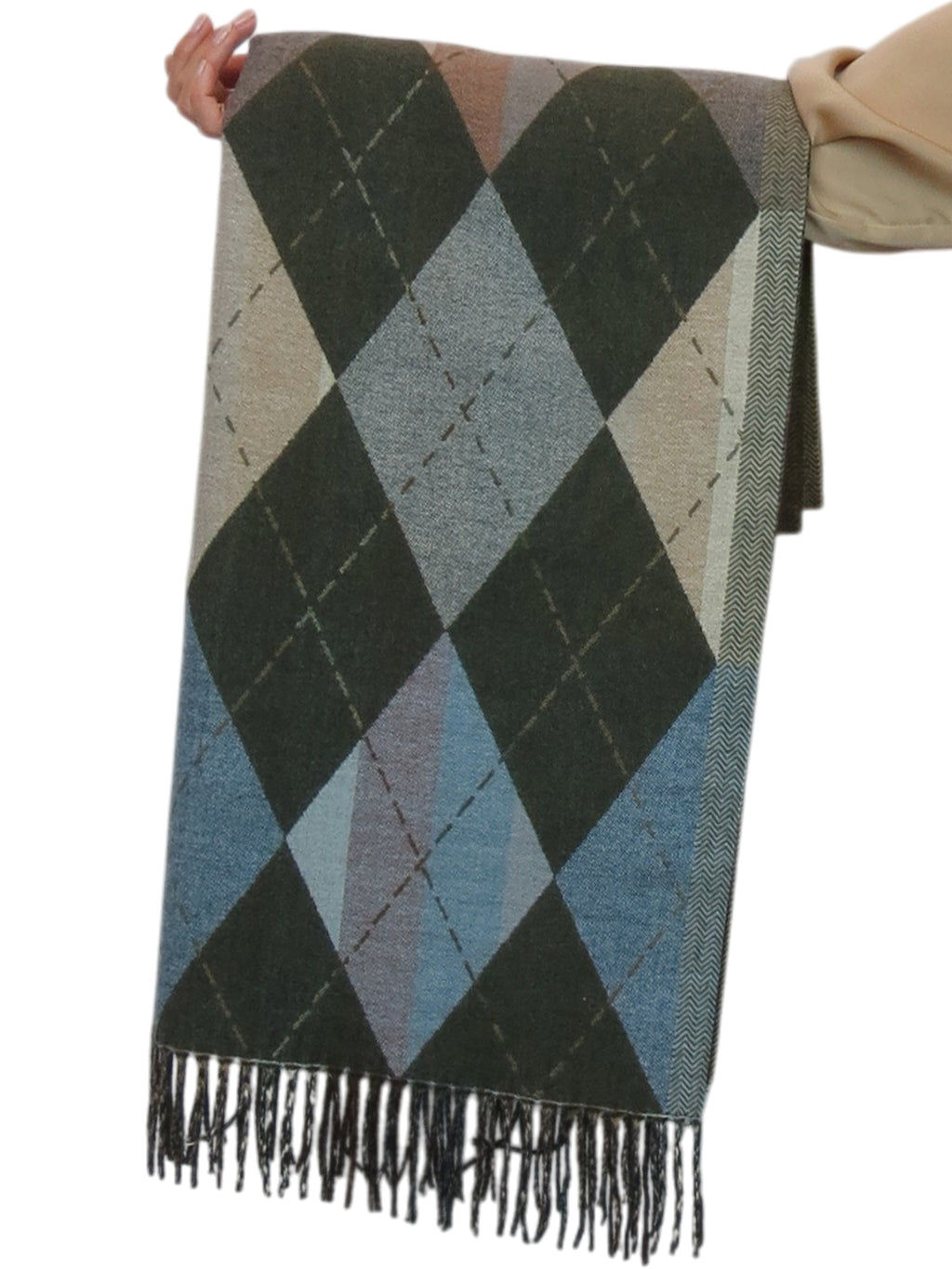 Wool Blend Argyle Pashmina Shawl Oversized Scarf Green