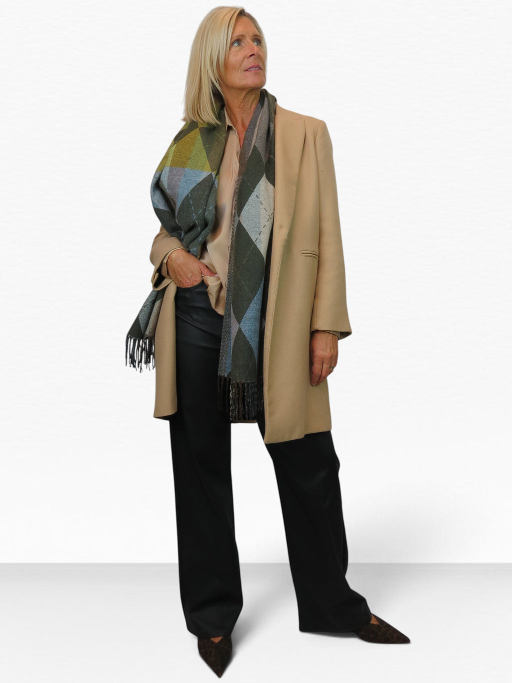 Wool Blend Argyle Pashmina Shawl Oversized Scarf Green