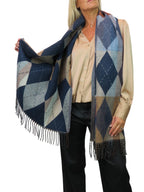 Wool Blend Argyle Pashmina Shawl Oversized Scarf Navy